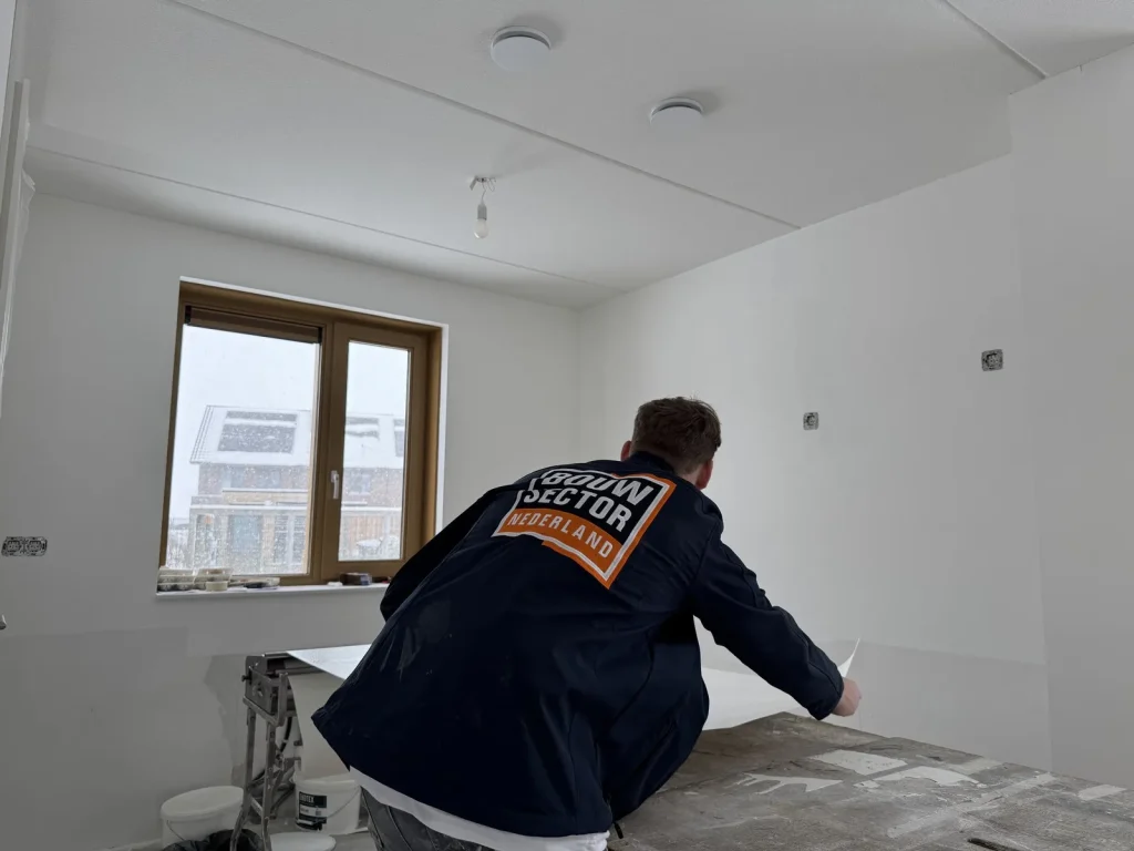 Behanger in een donkerblauwe jas met logo van Bouwsector Nederland pakt een baan vlies van de plaktafel