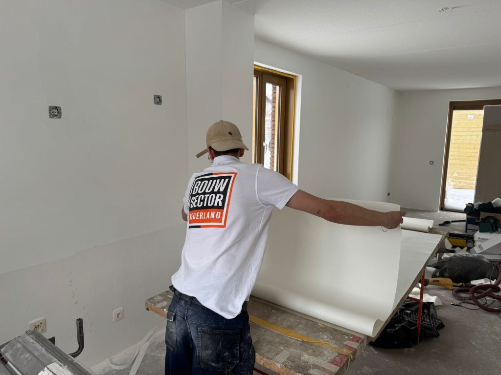 Vakman van Bouwsector Nederland met pet rolt een baan vlies uit over de plaktafel in een lichte nieuwbouwwoning